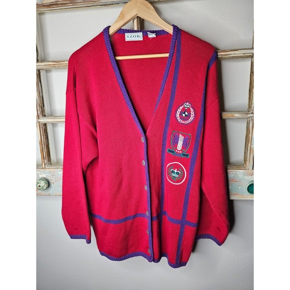 Vintage Red & Purple Button Up Cardigan with Patches Ladies size Medium - Picture 2 of 7